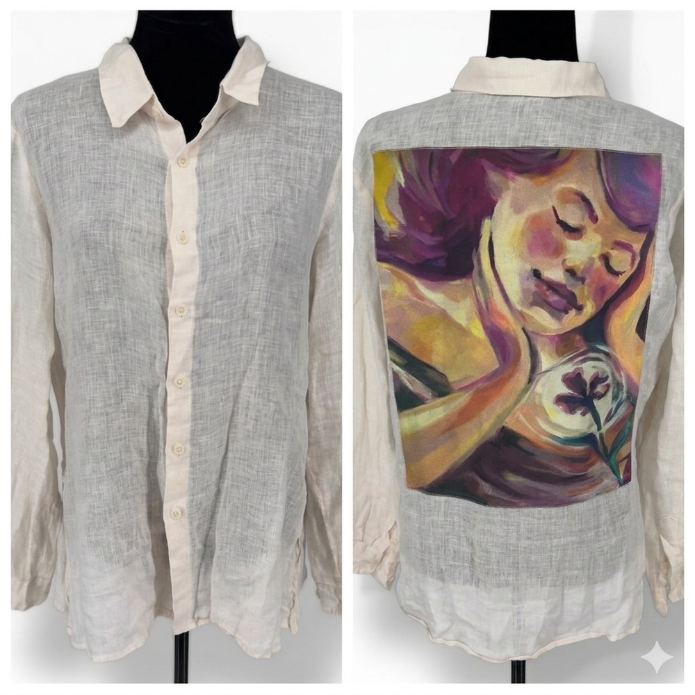 CP SHADES Tricia Guild Art On Linen Shirt M Medium Blue Portrait Graphic Rare